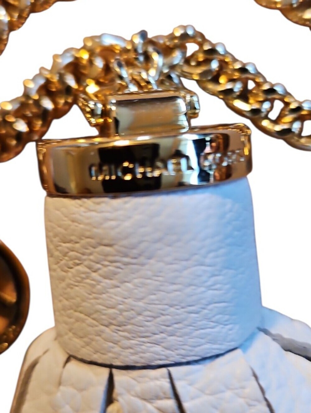 Michael Kors White Leather Tassel Bag Charm Gold Chain Keychain - Picture 5 of 5